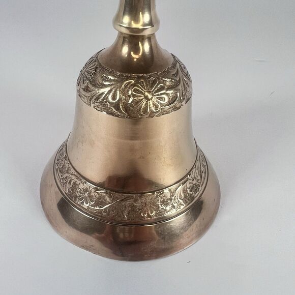 Solid Brass‎ Bell 7” Tall Carved With Flowers - Picture 5 of 9